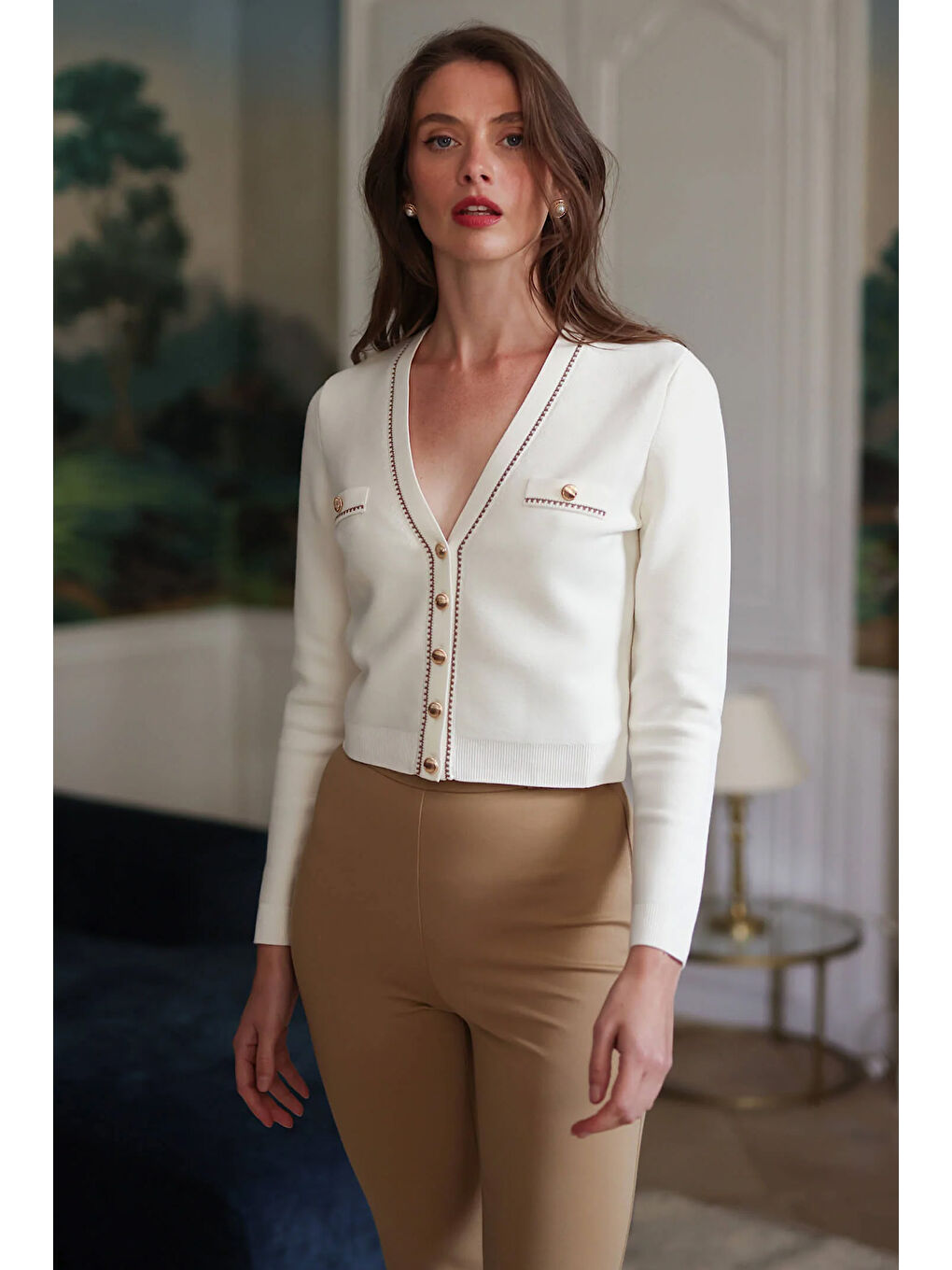 Ekru Kadın Kısa Triko Hırka