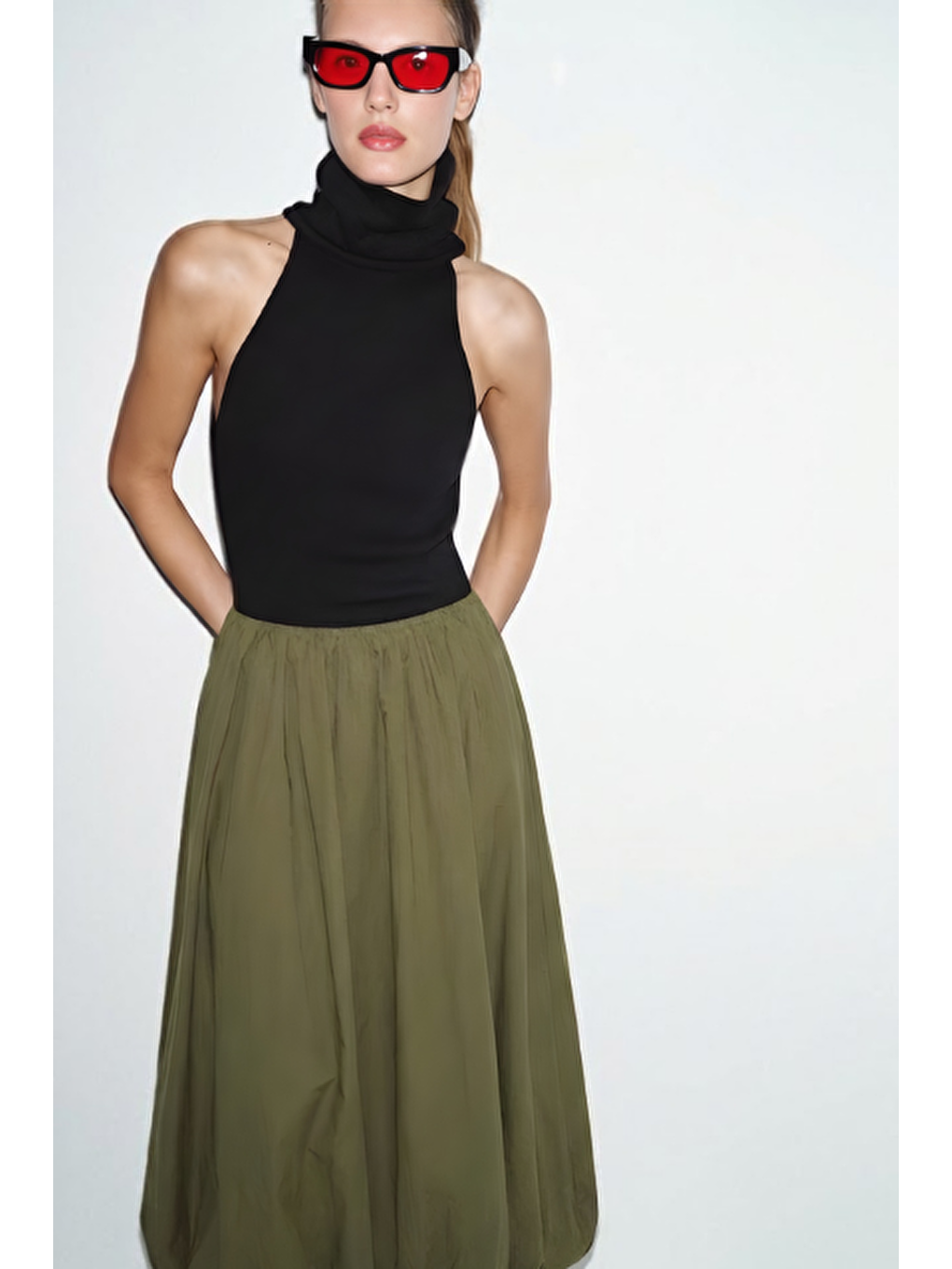 Uzun Balon Etek Haki-4