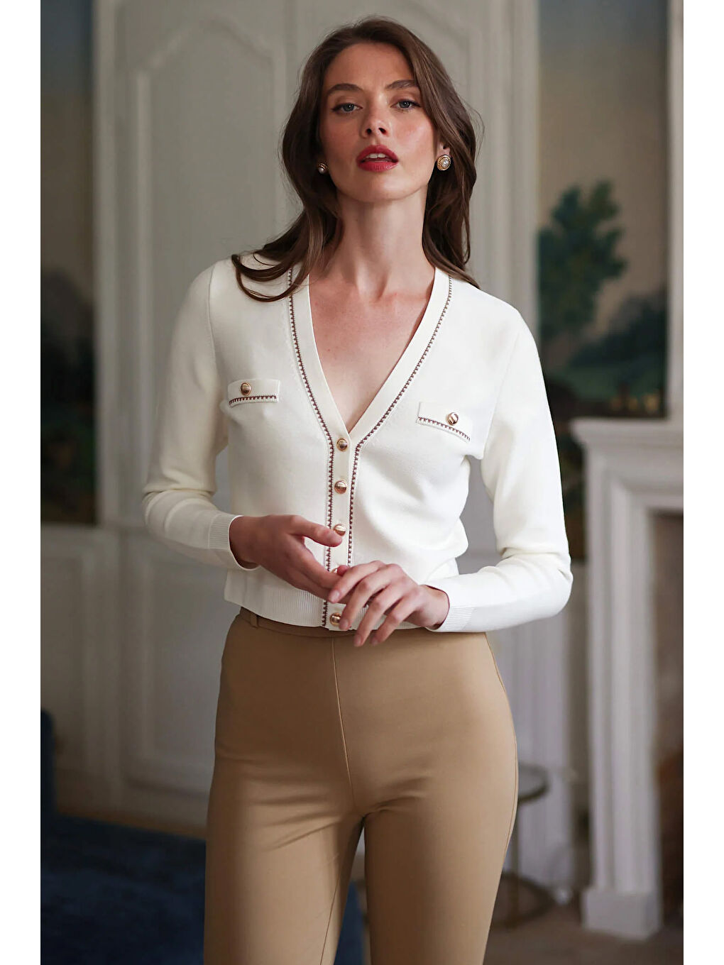 Ekru Kadın Kısa Triko Hırka-1