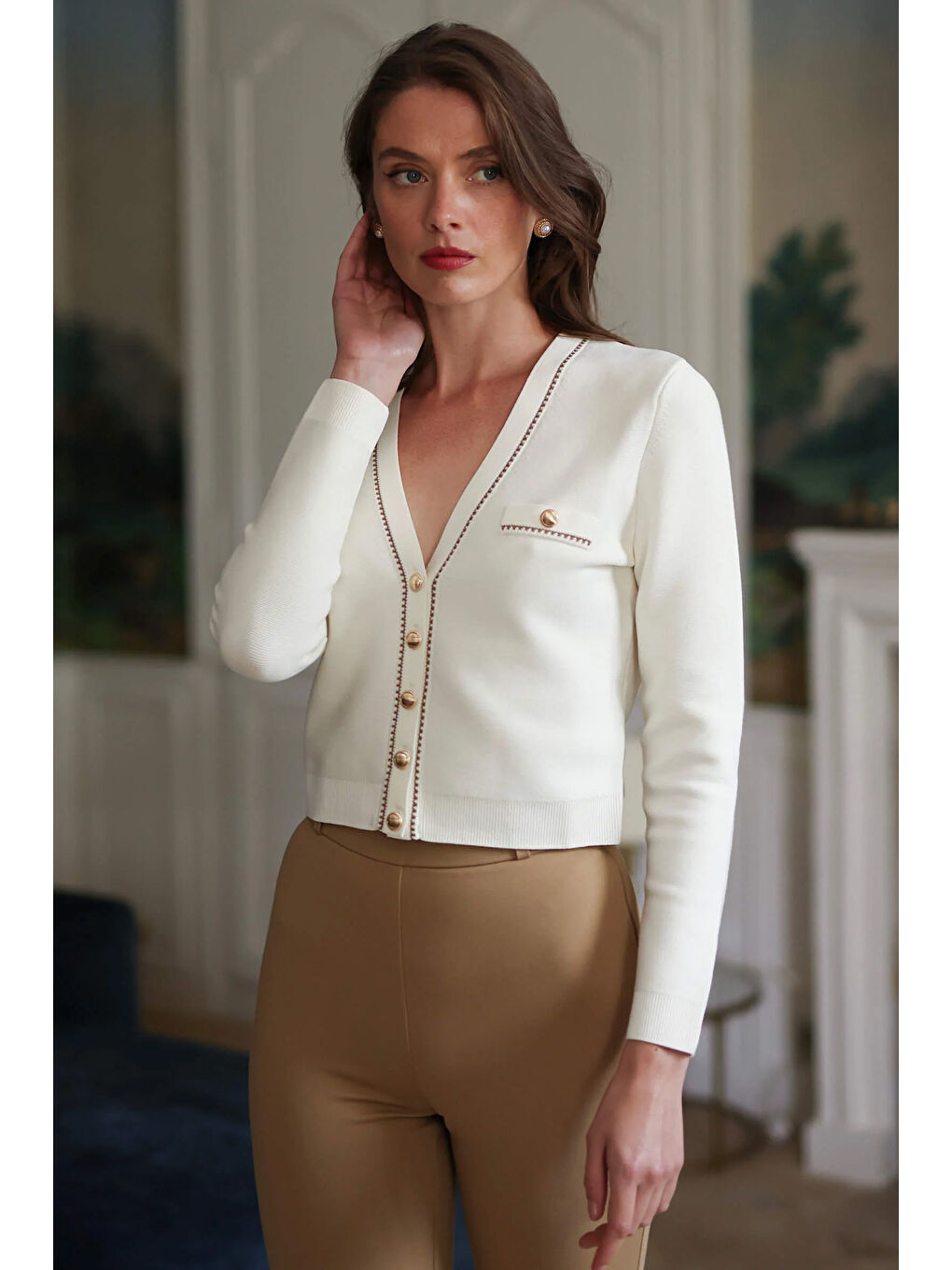 Ekru Kadın Kısa Triko Hırka-3