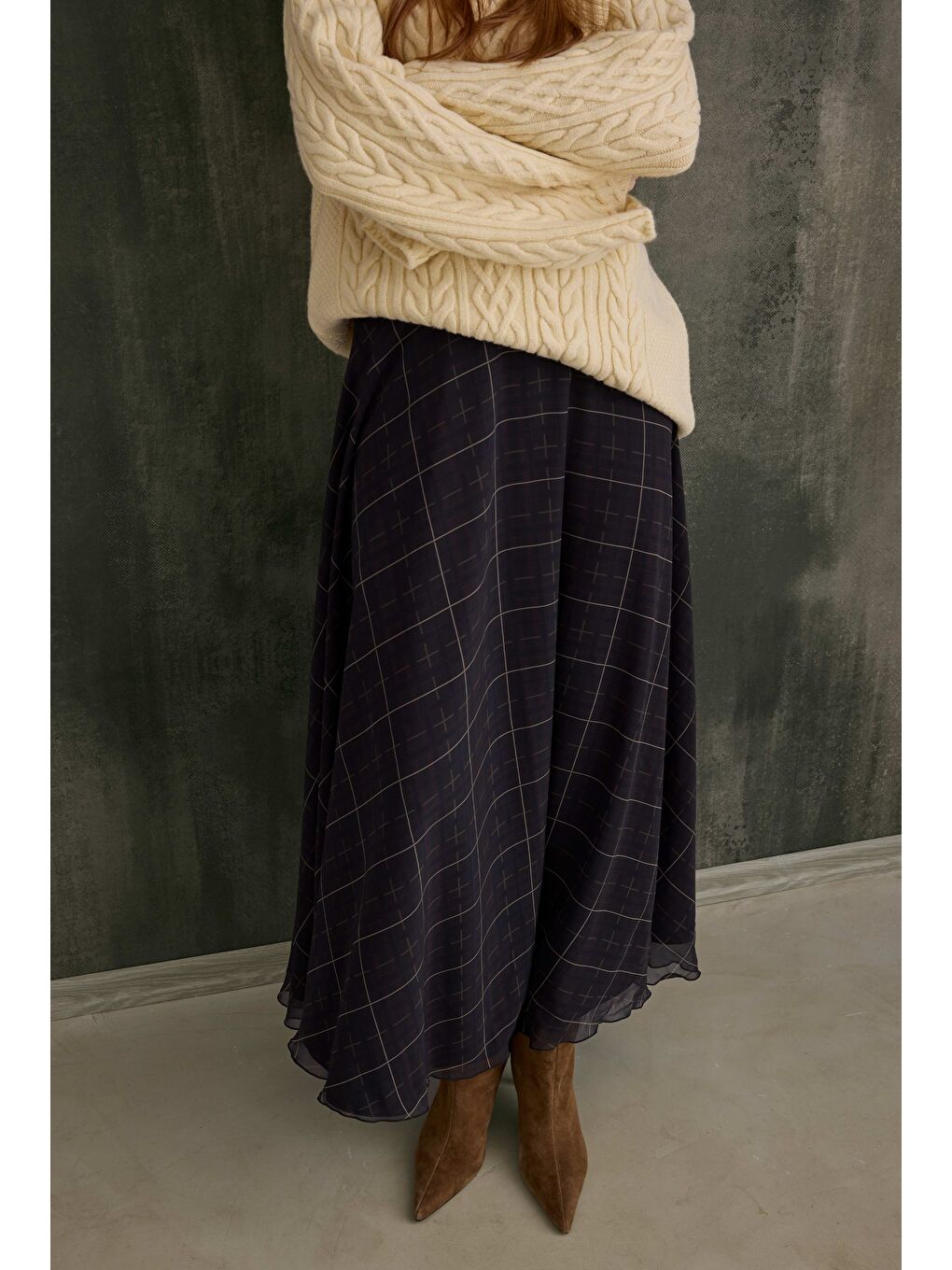 Şifon Ekose Etek Haki-1