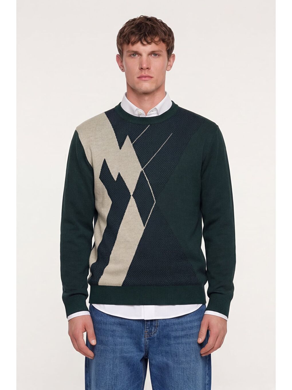 Erkek Yeşil Normal Kesim Regular Fit Yünlü Dokuma Desenli Triko Kazak