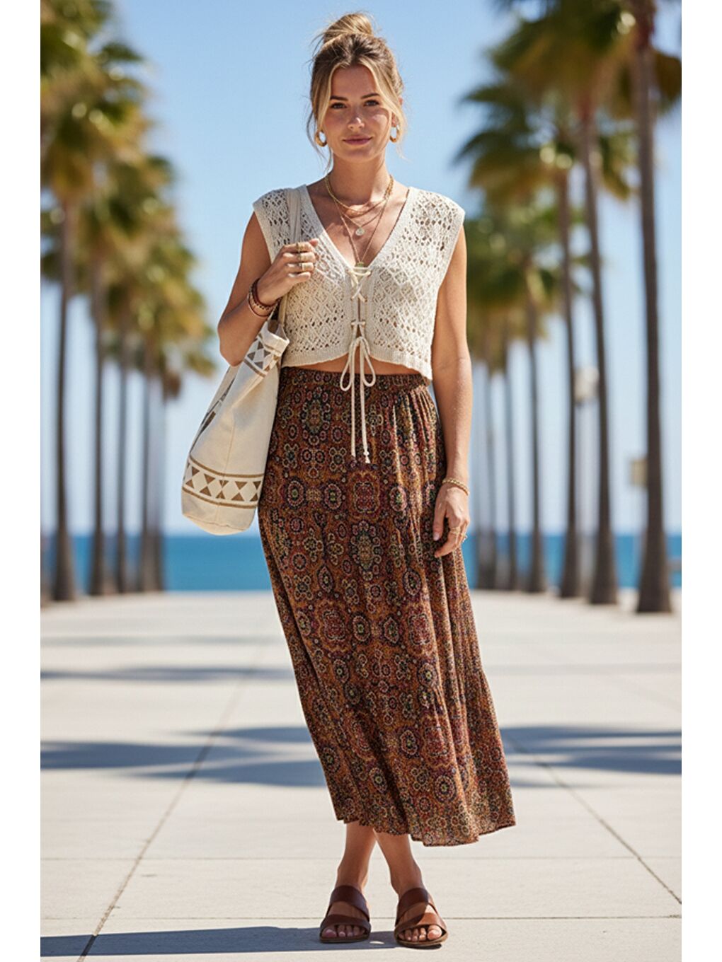 Kahverengi Kiremit Rengi Etnik Desenli Allover Baskılı Lastikli Bel Casual Uzun Dokuma Etek 95 60-2