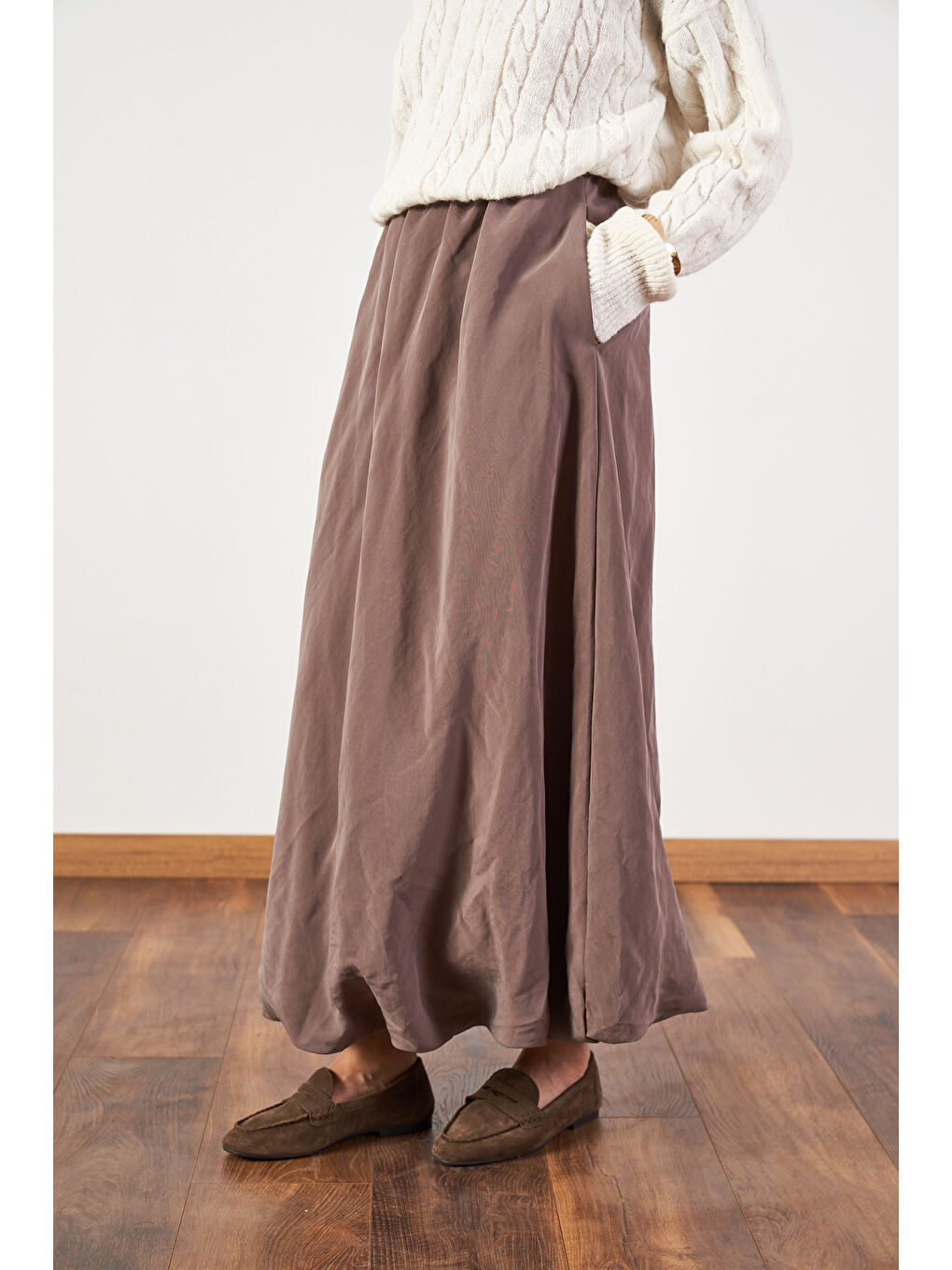 Bej Uzun Balon Etek Vizon-4