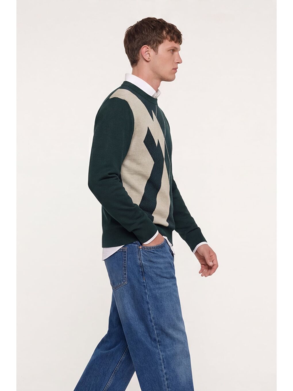 Erkek Yeşil Normal Kesim Regular Fit Yünlü Dokuma Desenli Triko Kazak-2