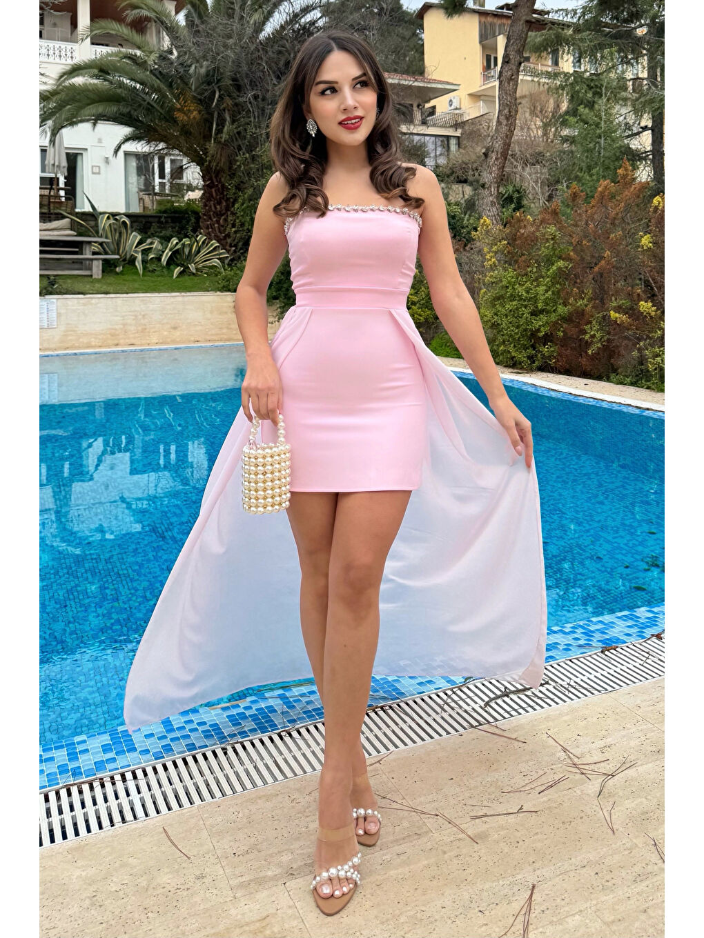 Kadın Pembe Straplez Yaka Taş Detay Mini Şifon Tül Davet Elbisesi