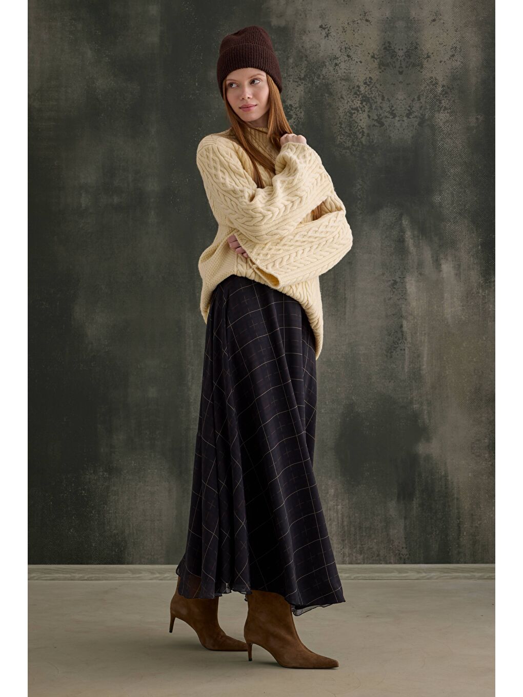 Şifon Ekose Etek Haki-2