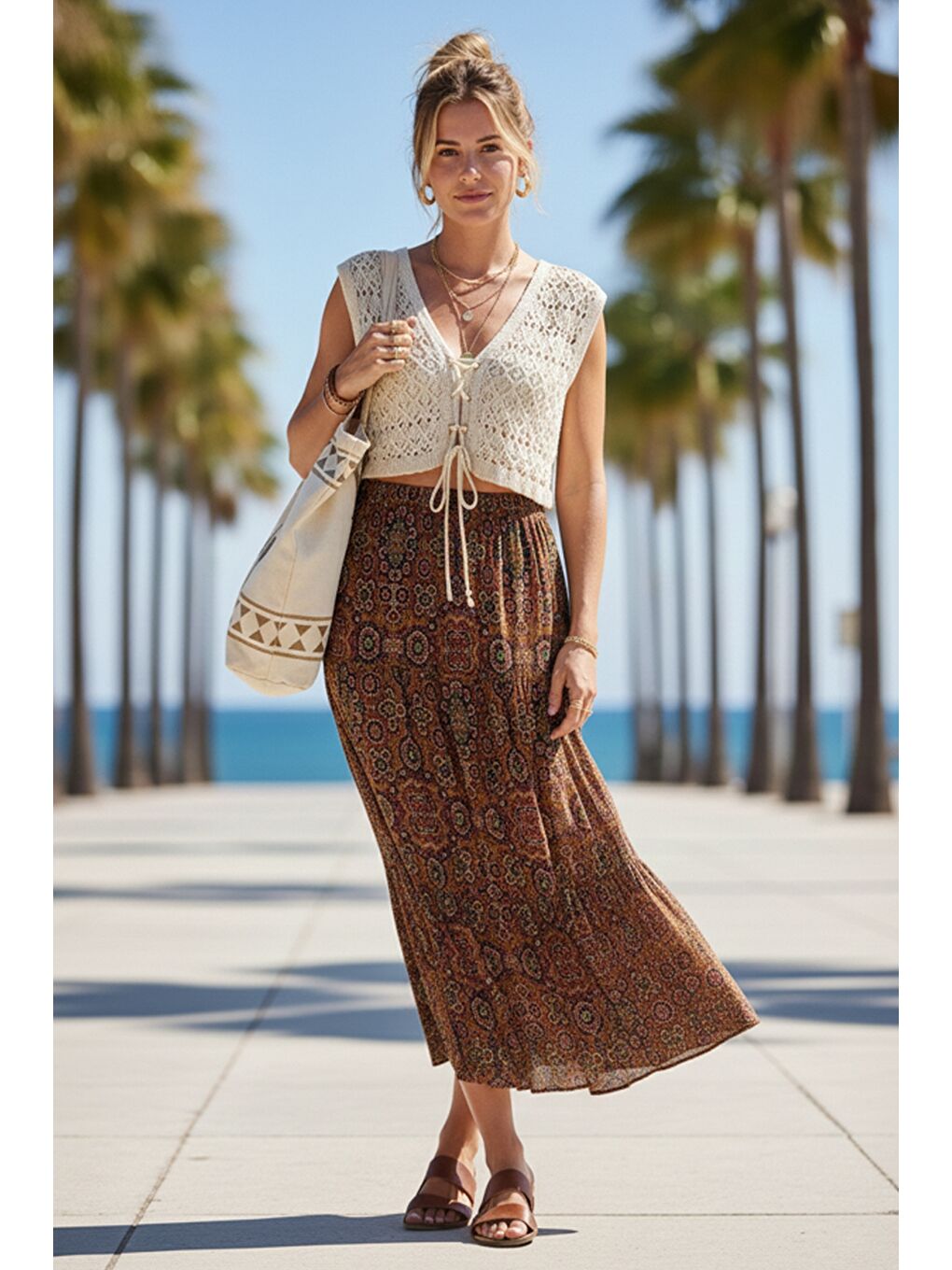Kahverengi Kiremit Rengi Etnik Desenli Allover Baskılı Lastikli Bel Casual Uzun Dokuma Etek 95 60-3