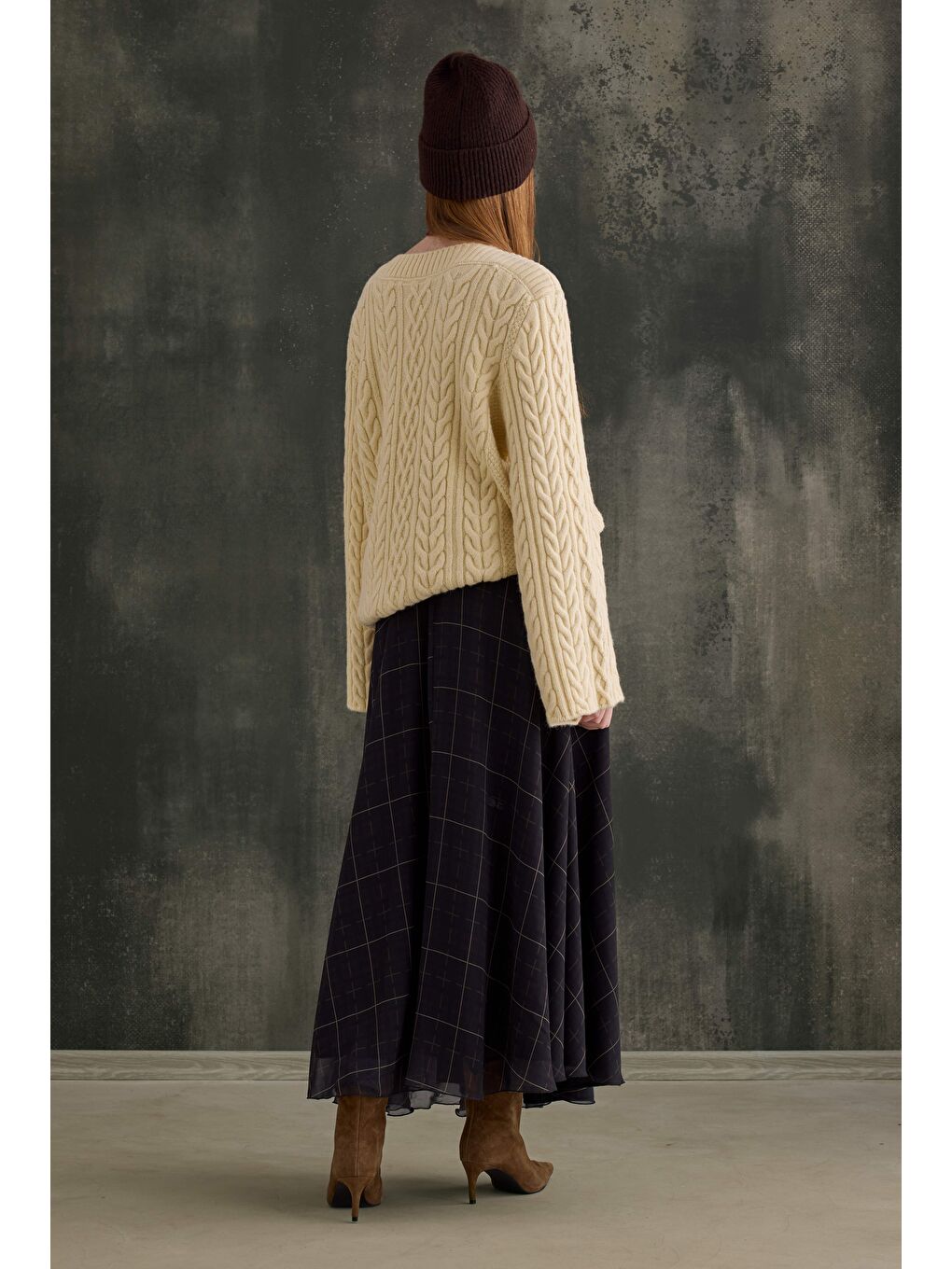 Şifon Ekose Etek Haki-3