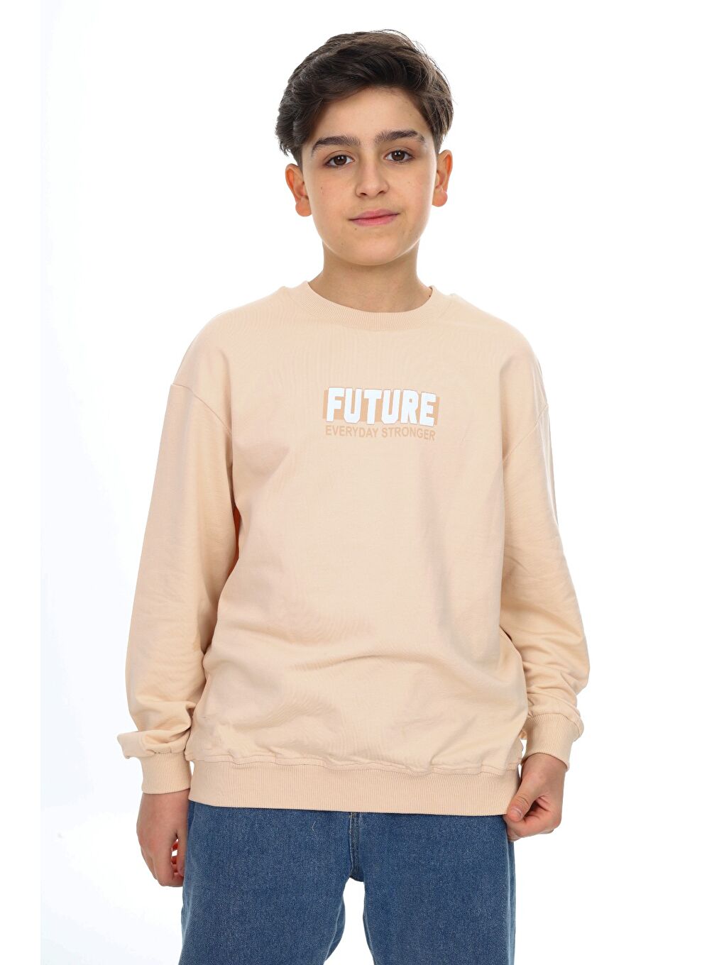 Bej Erkek Çocuk Baskılı Sweatshirt-1