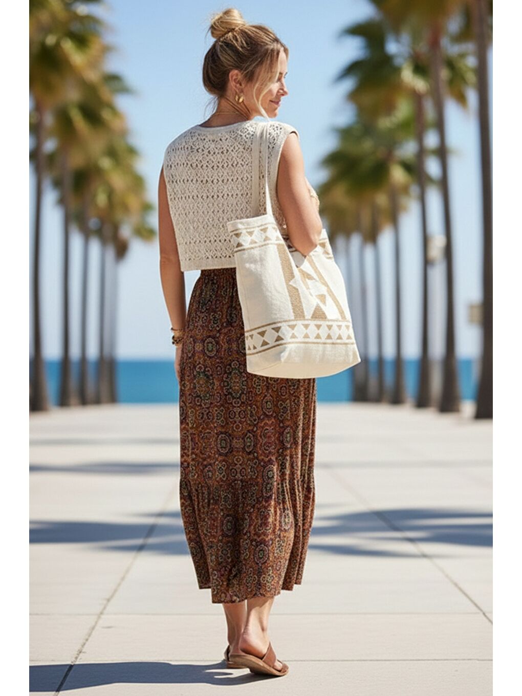 Kahverengi Kiremit Rengi Etnik Desenli Allover Baskılı Lastikli Bel Casual Uzun Dokuma Etek 95 60-4