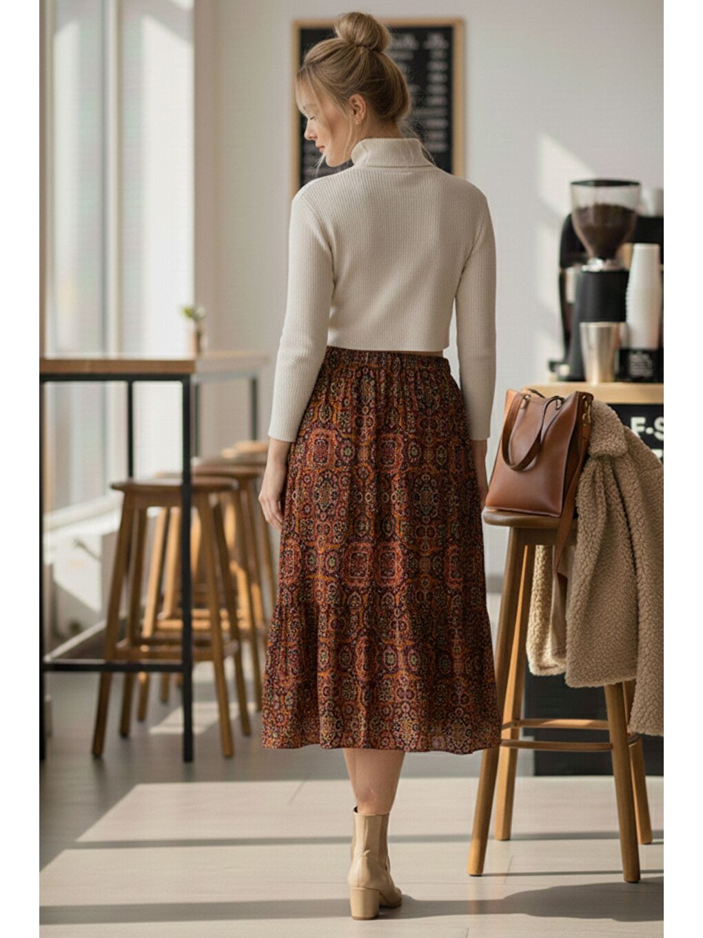 Kahverengi Kiremit Rengi Etnik Desenli Allover Baskılı Lastikli Bel Casual Uzun Dokuma Etek 95 60-5