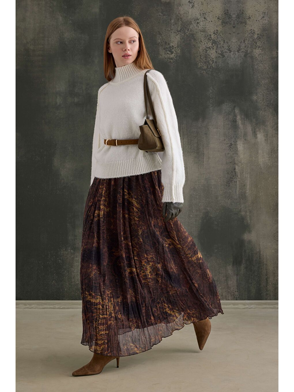 Kahverengi Kraşlı Bohem Şifon Etek