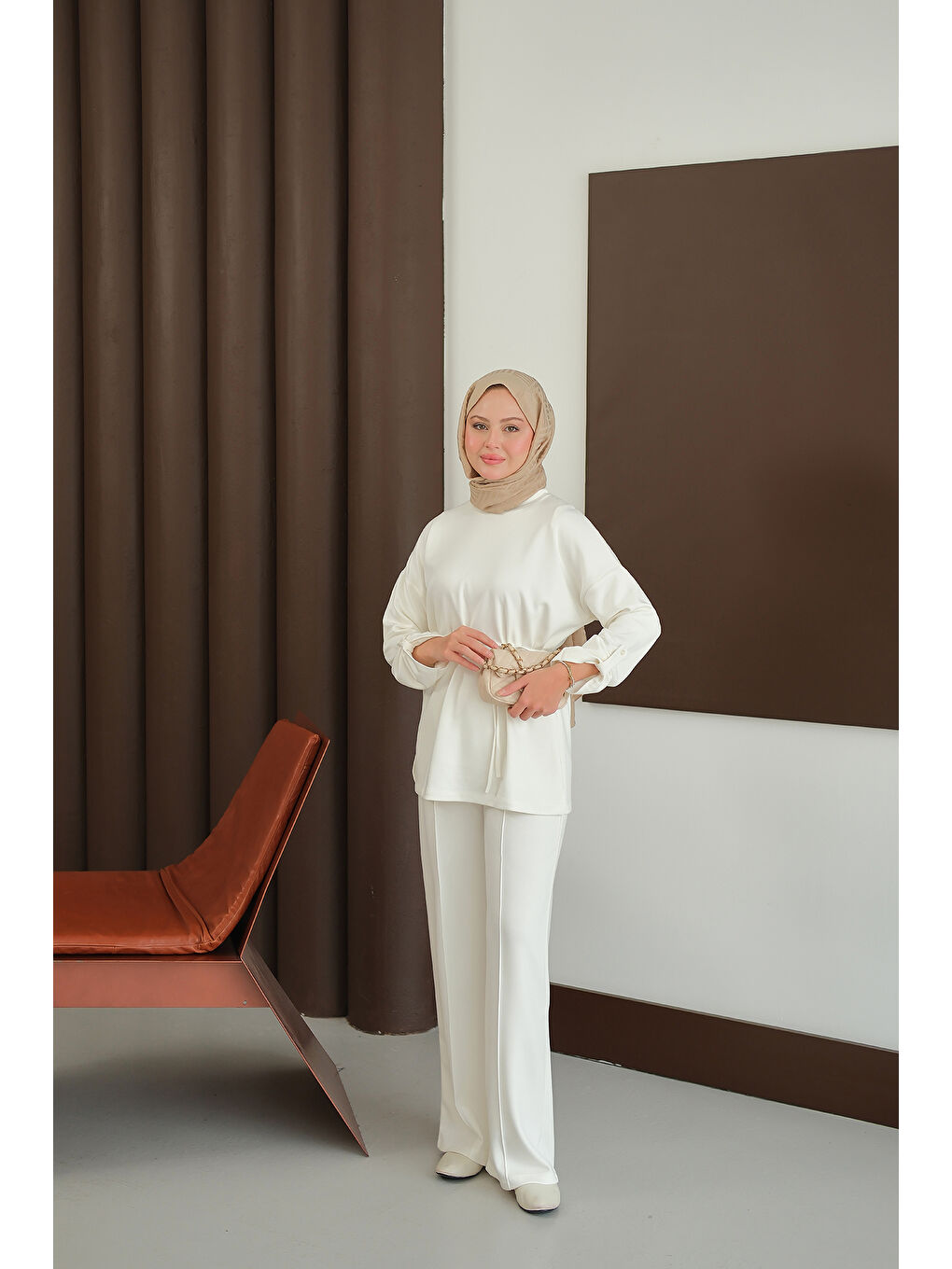 Kadın Bel Bağlamalı İkili Takım Ekru-1