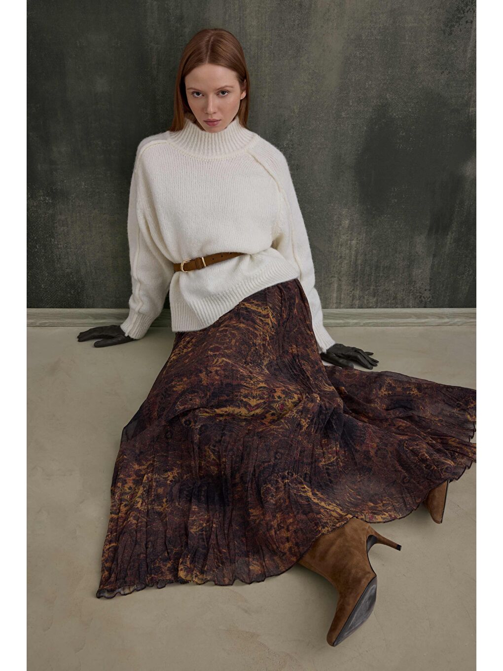 Kahverengi Kraşlı Bohem Şifon Etek-1