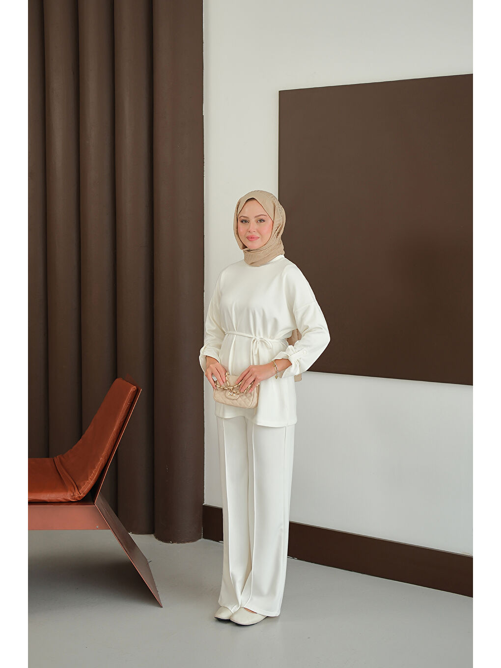 Kadın Bel Bağlamalı İkili Takım Ekru-2