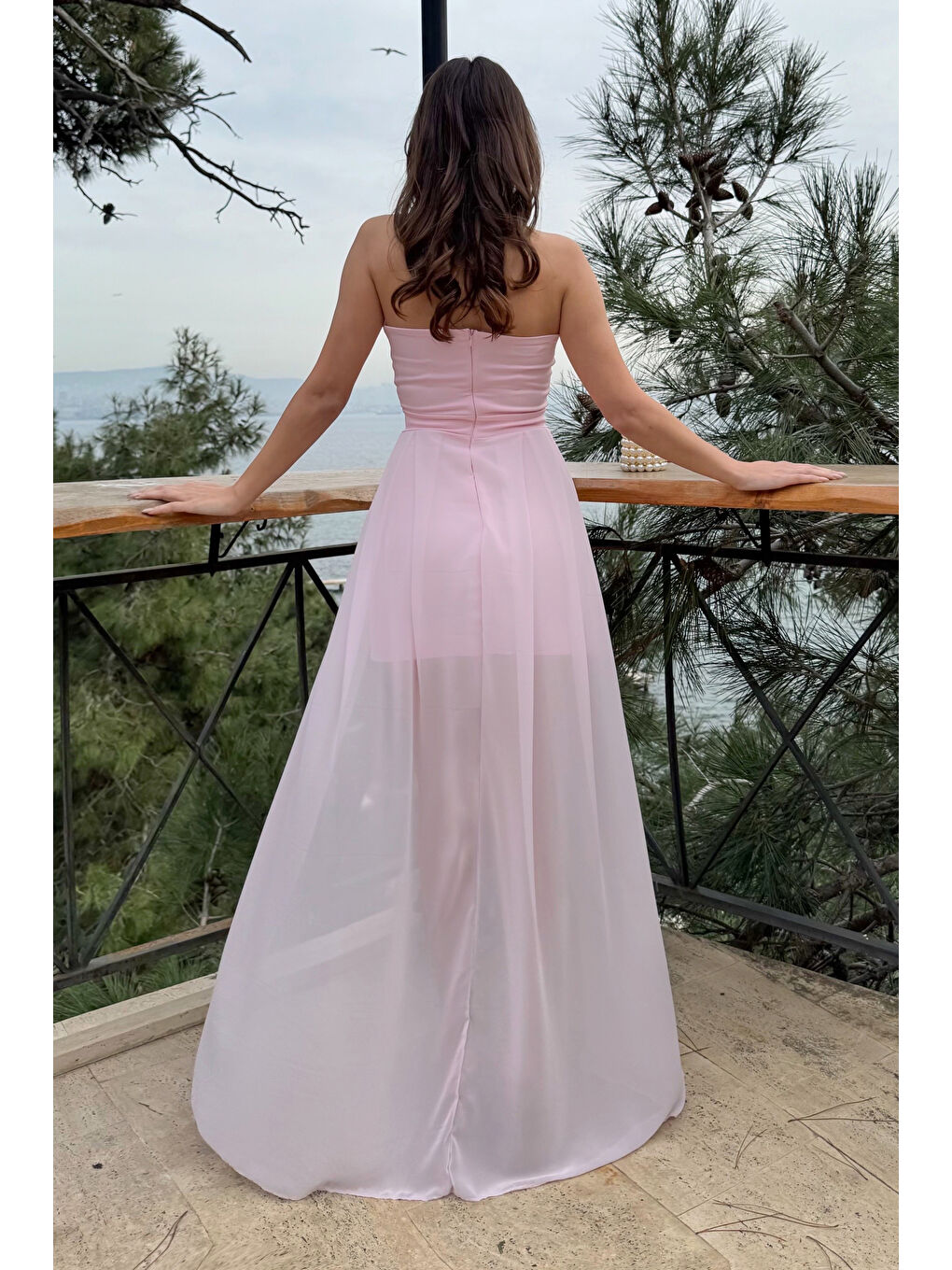 Kadın Pembe Straplez Yaka Taş Detay Mini Şifon Tül Davet Elbisesi-4