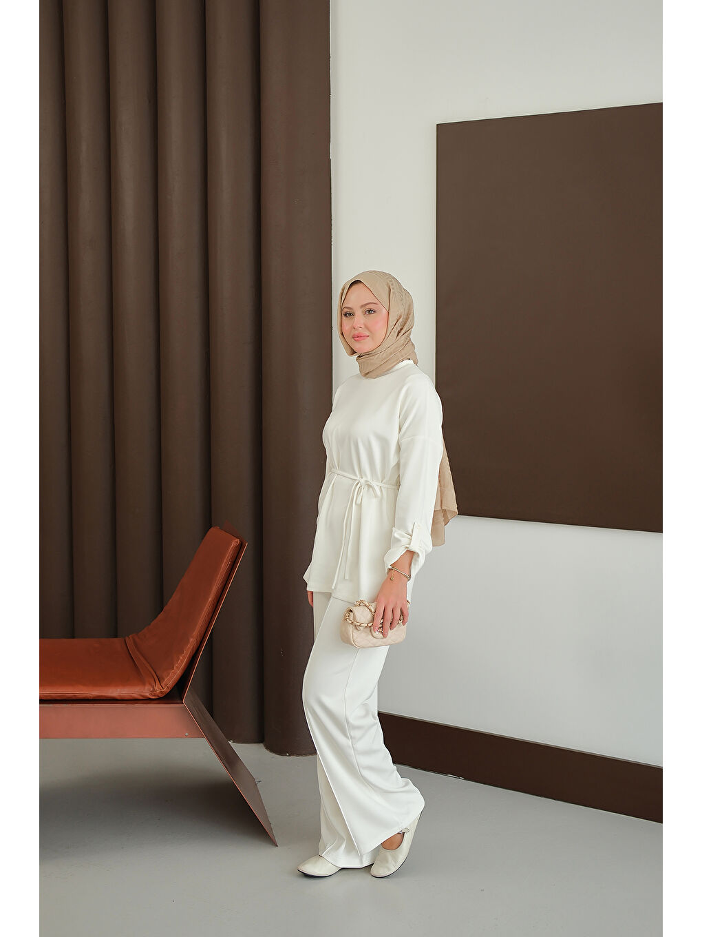 Kadın Bel Bağlamalı İkili Takım Ekru-3