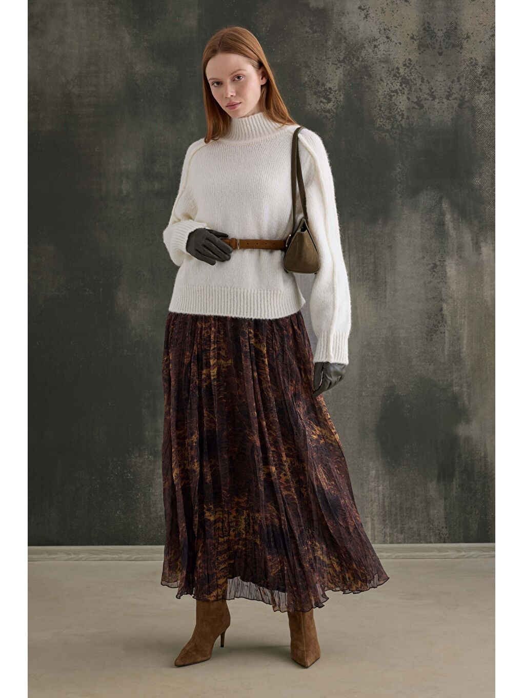 Kahverengi Kraşlı Bohem Şifon Etek-4