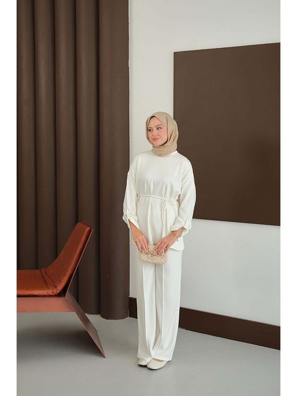 Kadın Bel Bağlamalı İkili Takım Ekru-4