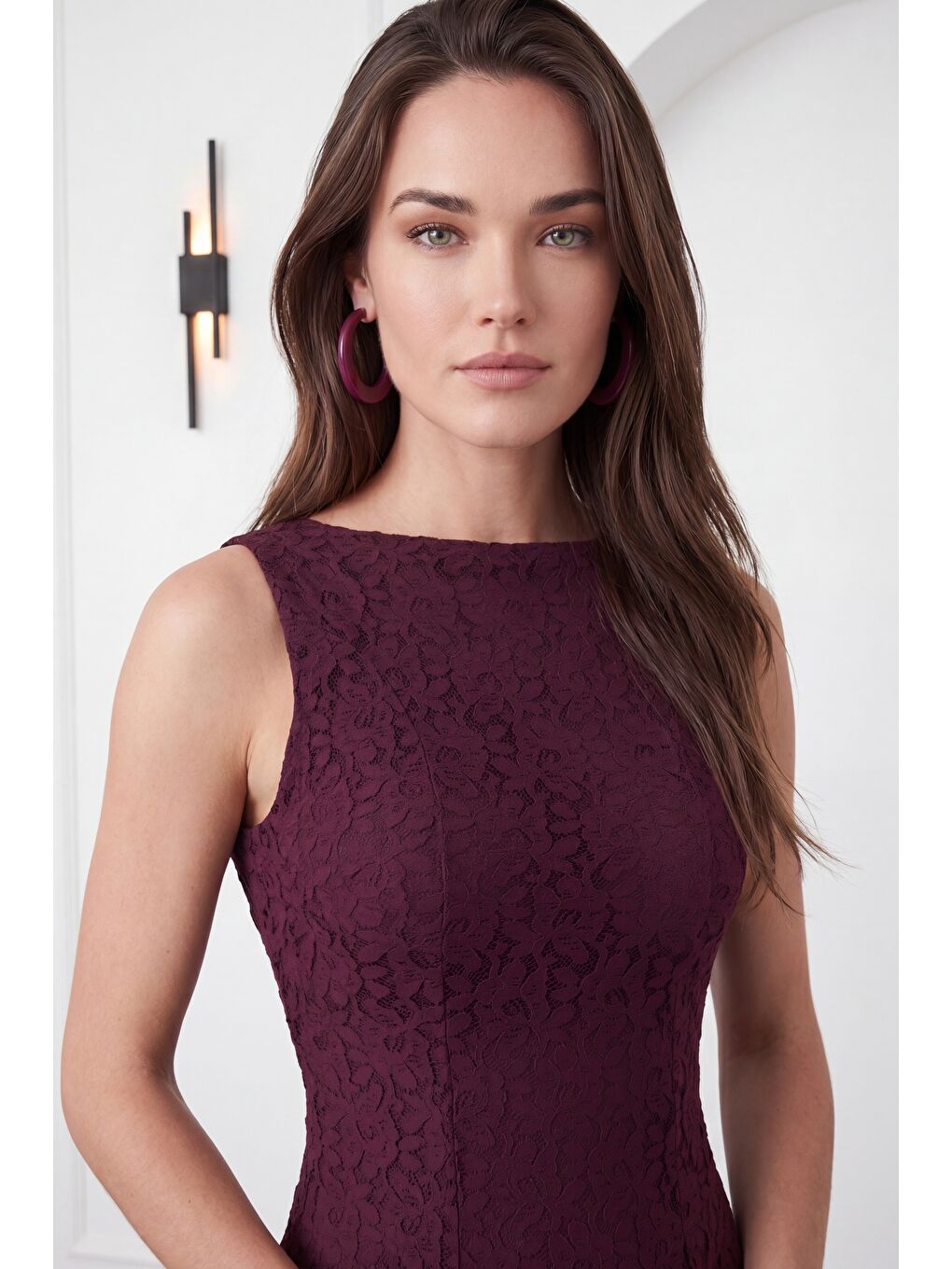 Kadın Mürdüm Bisiklet Yaka Dantelli Uzun Davet Elbisesi-1