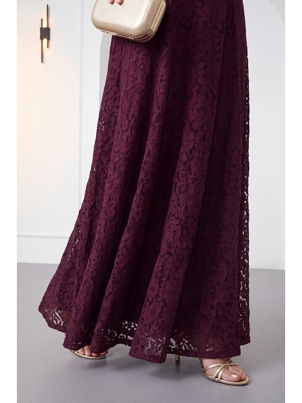 Kadın Mürdüm Bisiklet Yaka Dantelli Uzun Davet Elbisesi-2