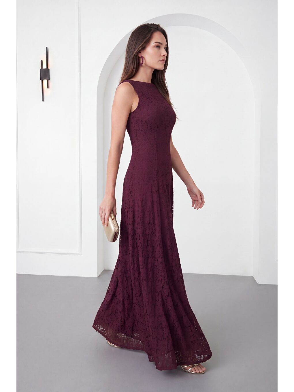Kadın Mürdüm Bisiklet Yaka Dantelli Uzun Davet Elbisesi-3