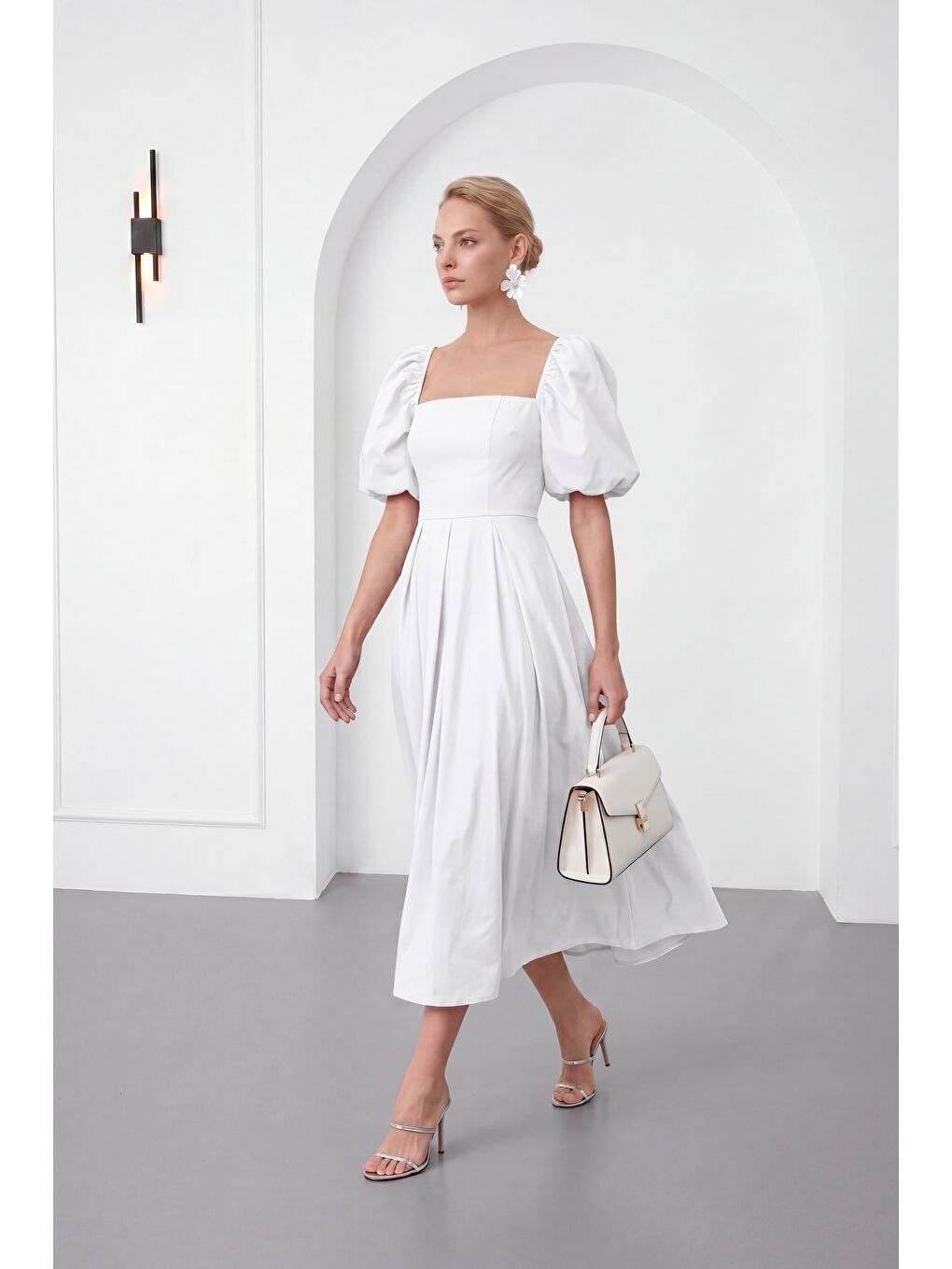 Kadın Beyaz Kare Yaka Balon Kol Midi Davet Elbisesi-1