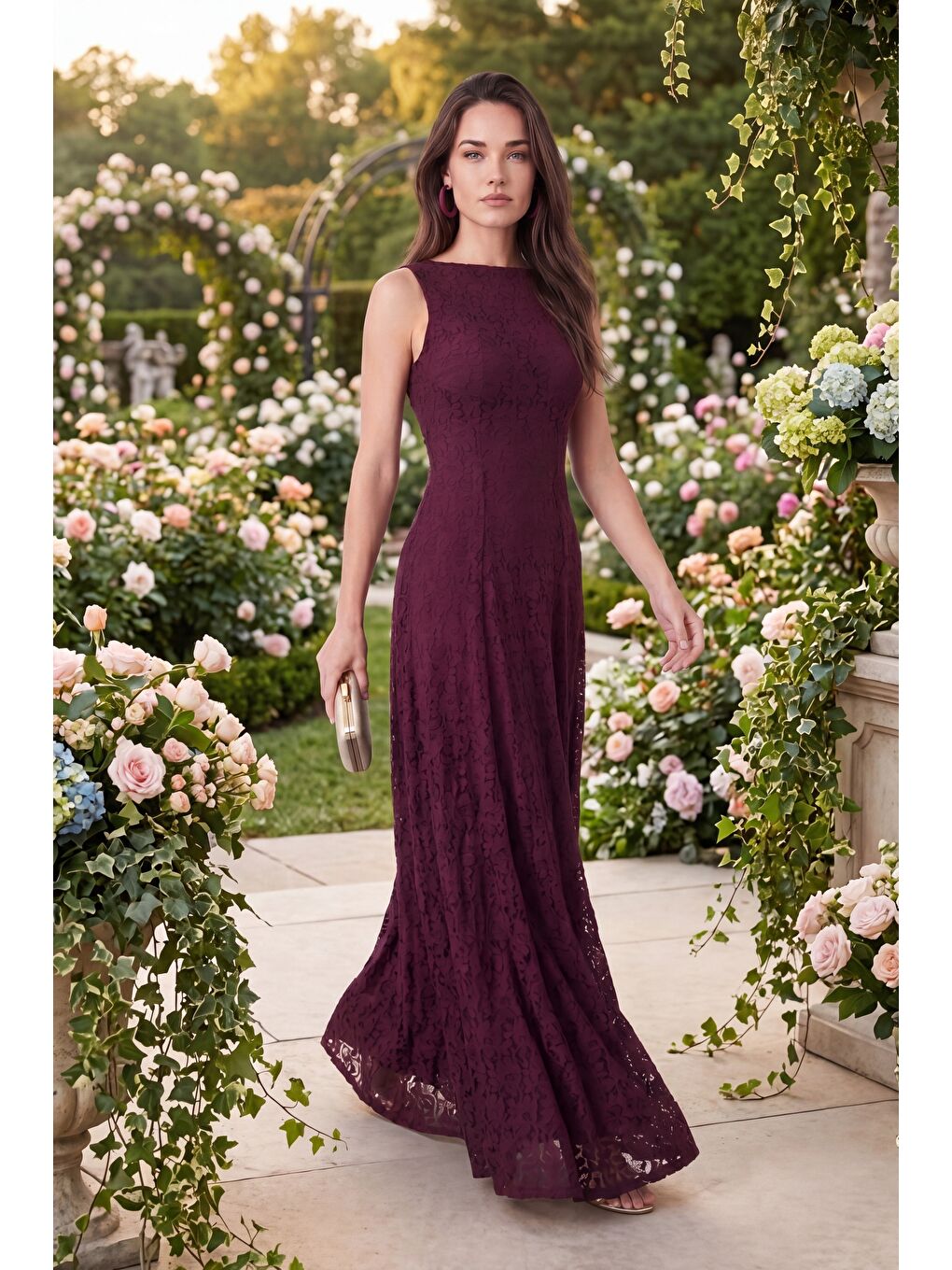 Kadın Mürdüm Bisiklet Yaka Dantelli Uzun Davet Elbisesi-4