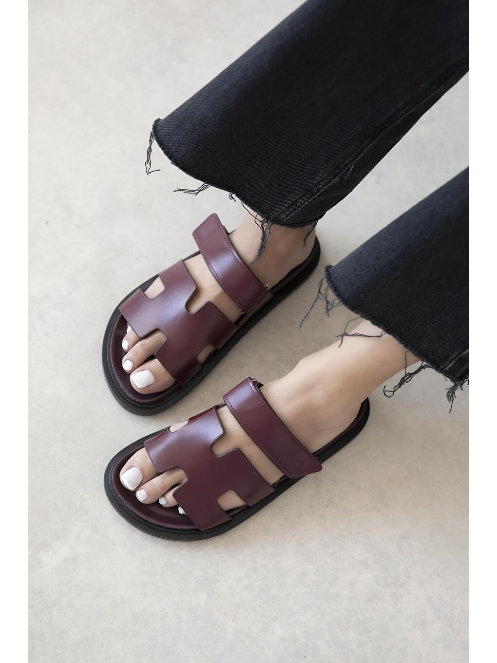 Palmeira  Kadın  Cırt  Bantlı  Deri  Terlik Bordo