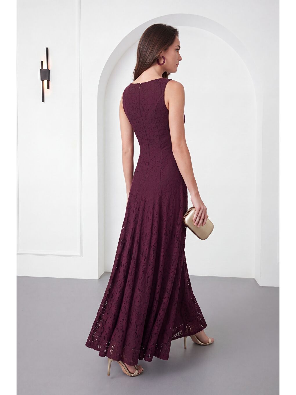 Kadın Mürdüm Bisiklet Yaka Dantelli Uzun Davet Elbisesi-5