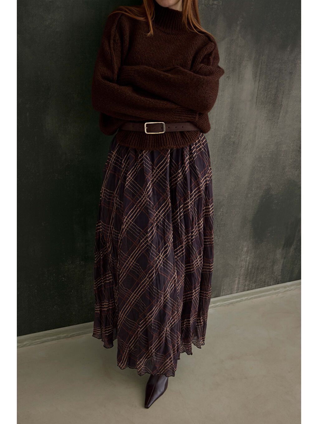 Kahverengi Kraşlı Kareli Vual Etek-1