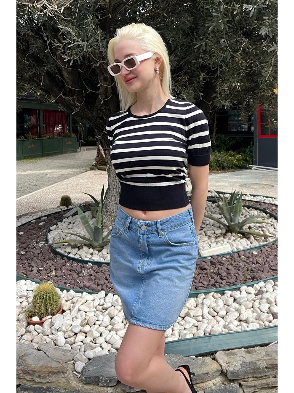 Lacivert Bisiklet Yaka Çizgili Kadın T-Shirt Mg2400-5