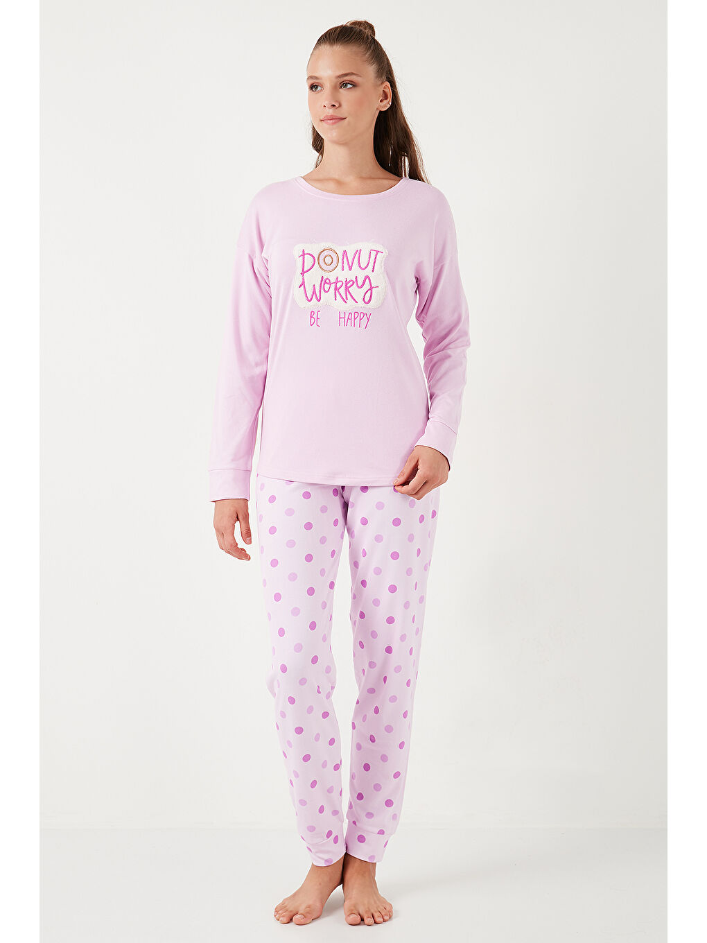 Lela Pembe Streç Standart Fit Bisiklet Yaka Desenli Pijama Takımı 6095700