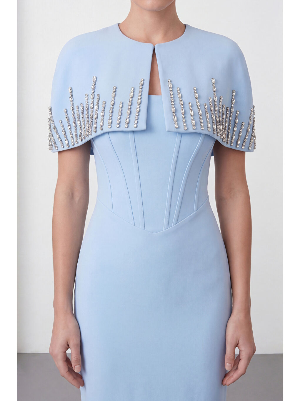 Kadın Bebe Mavi Dar Kalıp Ceketli Taşlı Uzun Söz Nişan Nikah Abiye Elbise-2