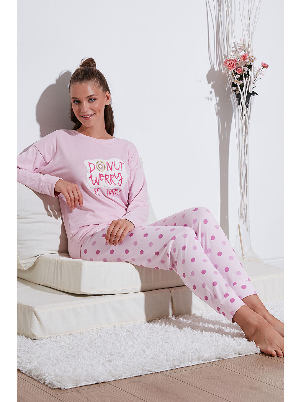 Lela Açık Pembe Streç Standart Fit Bisiklet Yaka Desenli Pijama Takımı 6095700 - 1