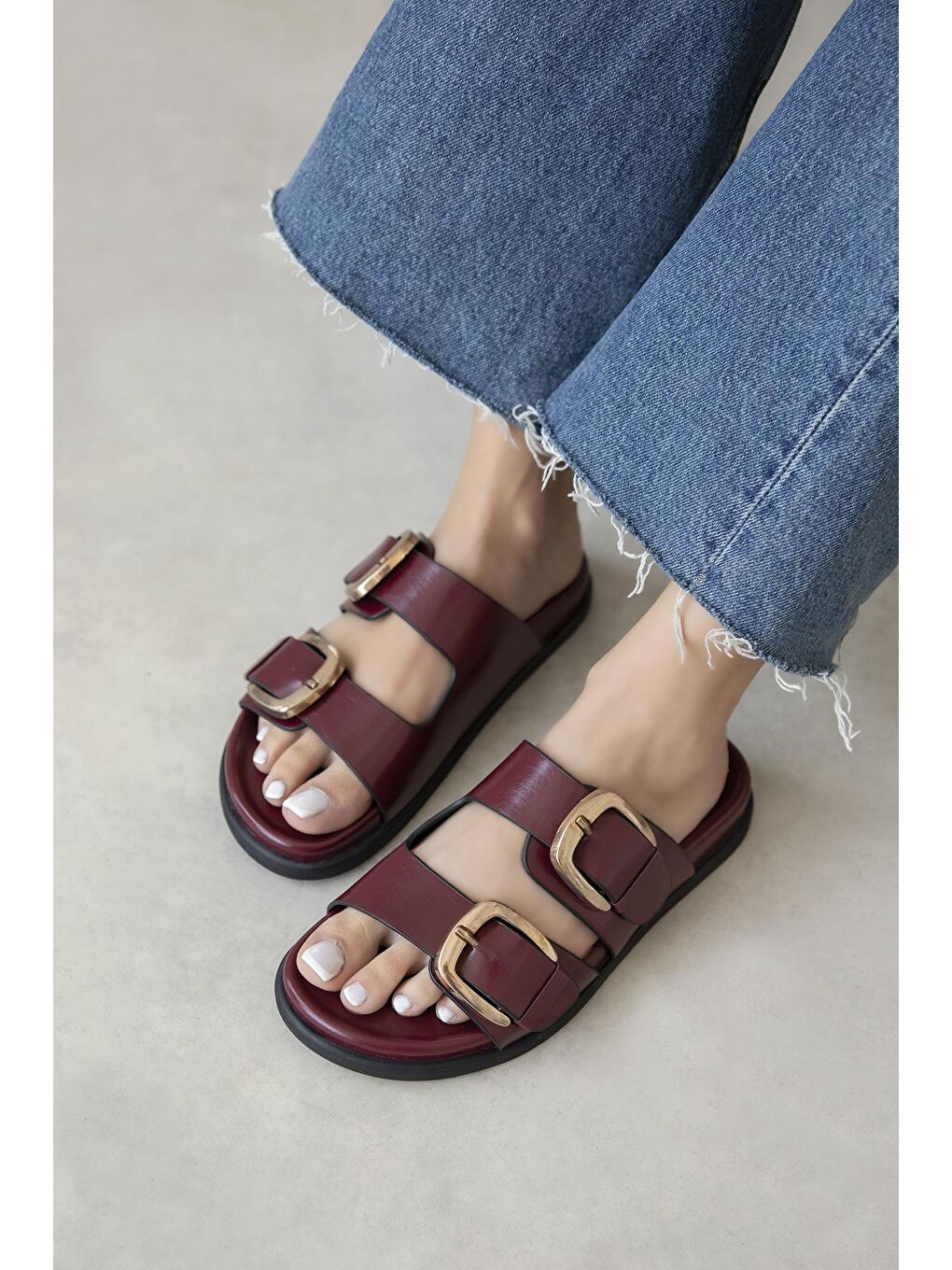 Harden Kadın Toka Detay Günlük Konfor Deri Terlik Bordo-1