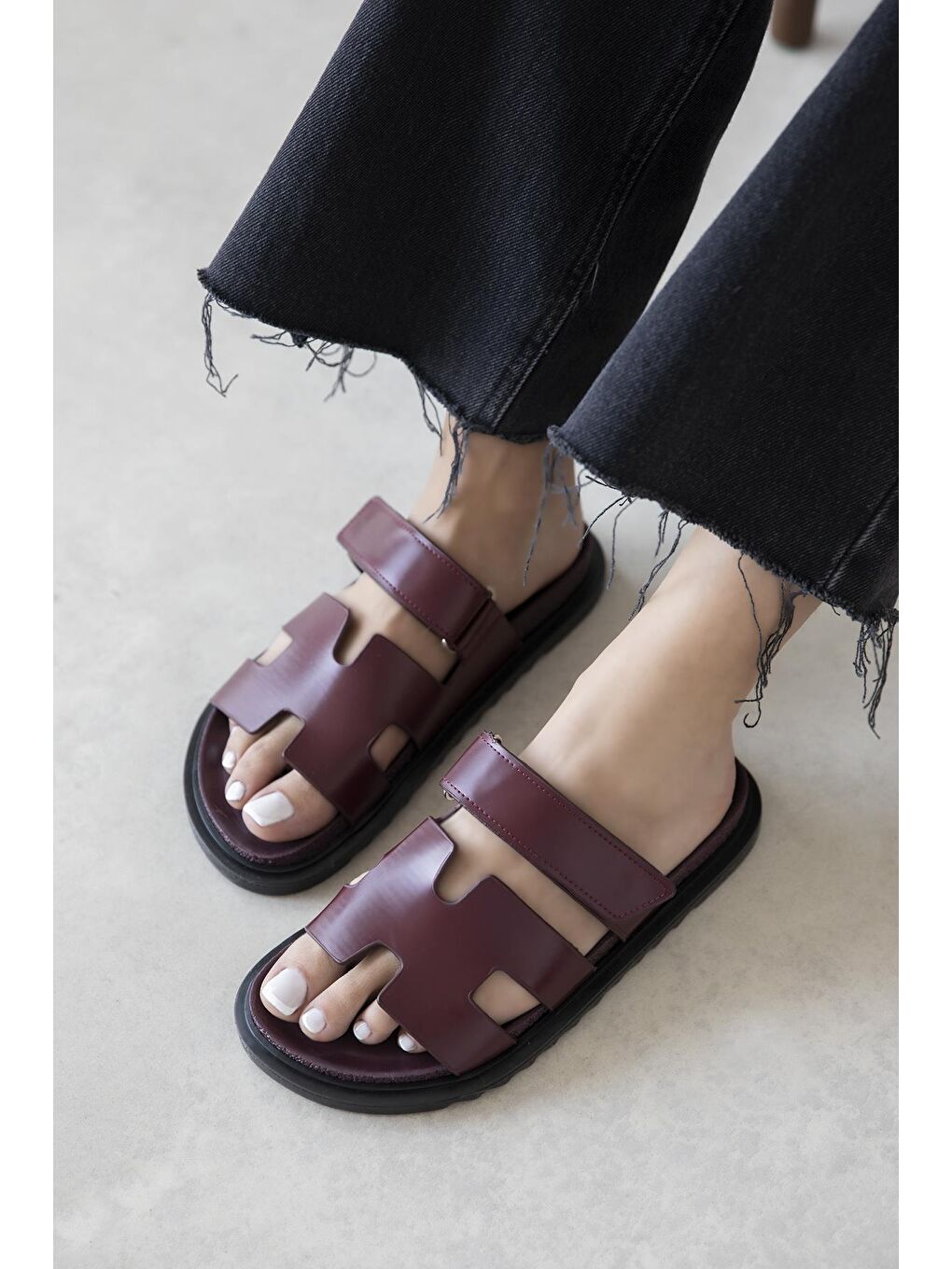 Palmeira  Kadın  Cırt  Bantlı  Deri  Terlik Bordo-1