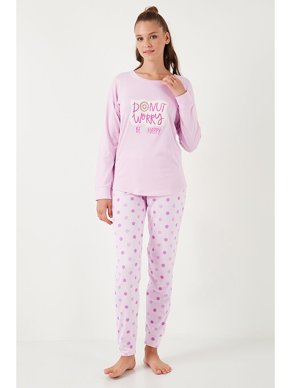 Lela Açık Pembe Streç Standart Fit Bisiklet Yaka Desenli Pijama Takımı 6095700 - 2