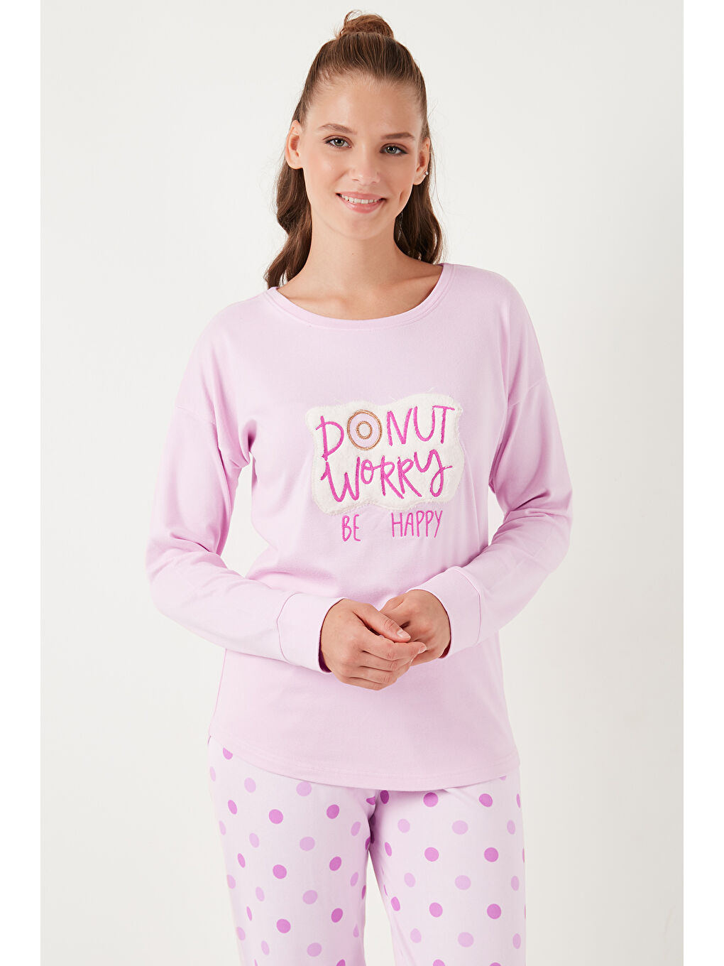 Lela Pembe Streç Standart Fit Bisiklet Yaka Desenli Pijama Takımı 6095700 - 3