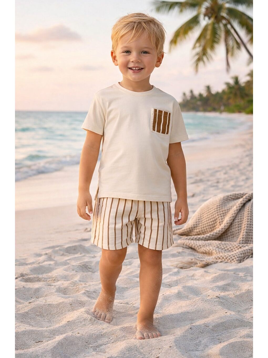 Ekru Erkek Çocuk Pamuklu Baskılı Cep Detaylı T-Shirt Ve Şort 2'Li Takım-1