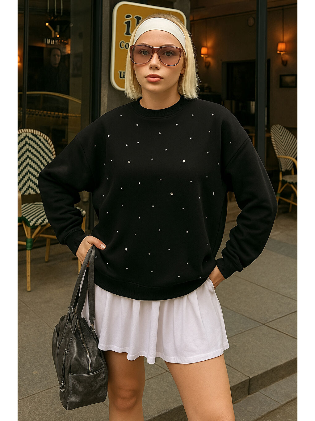 Siyah Taşlı Pamuklu Regular Fit Bisiklet Yaka Sweat 25K0099K1