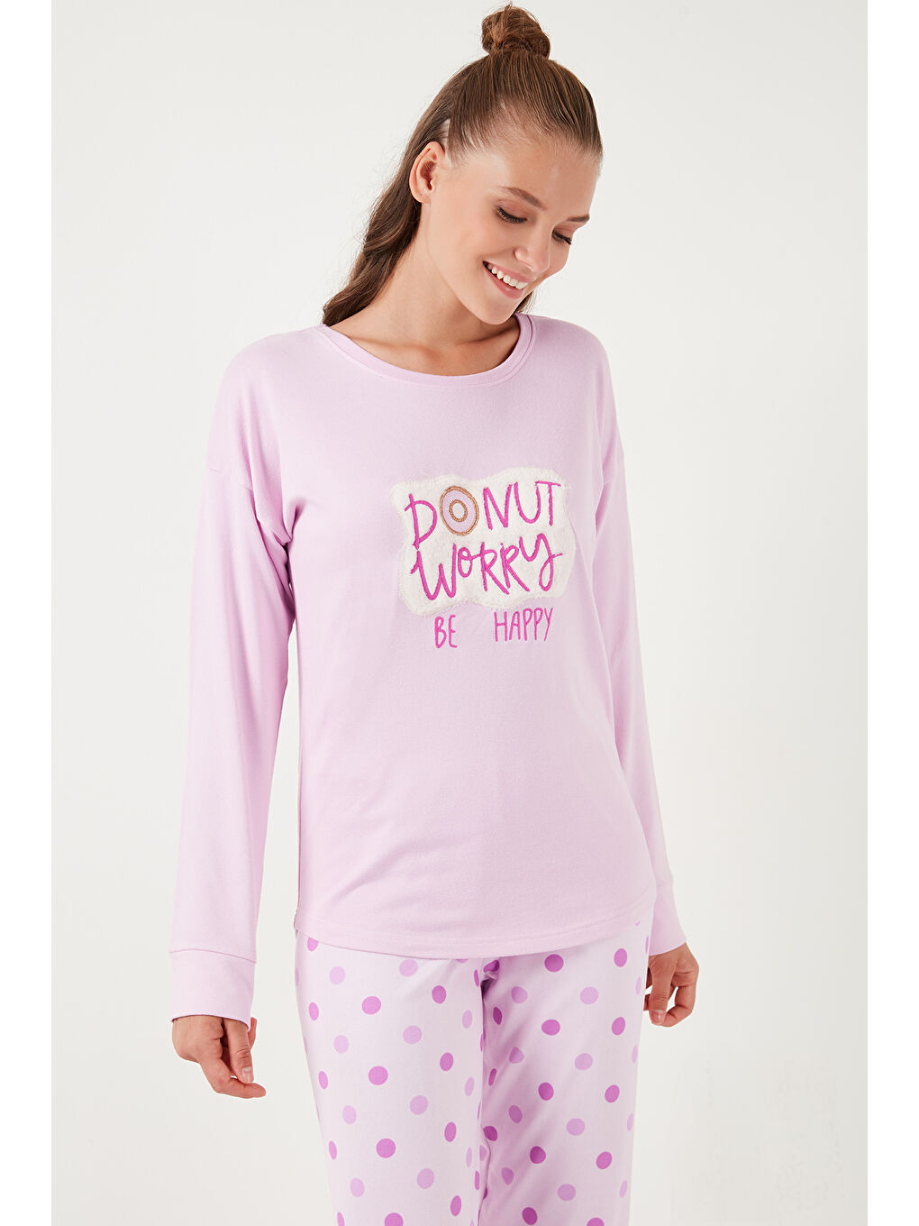 Lela Pembe Streç Standart Fit Bisiklet Yaka Desenli Pijama Takımı 6095700 - 4