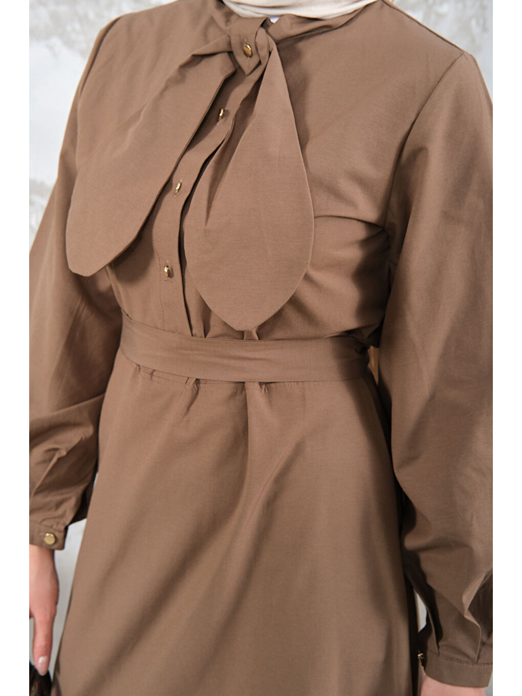 Bej Kadın Bel Bağlamalı Elbise Vizon-3