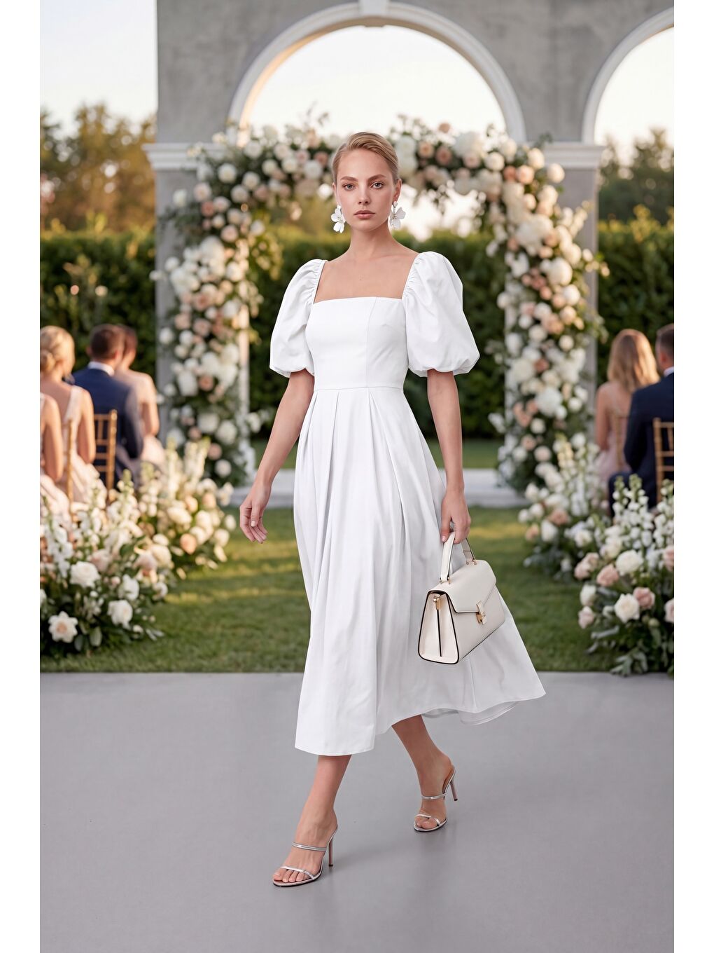 Kadın Beyaz Kare Yaka Balon Kol Midi Davet Elbisesi-4