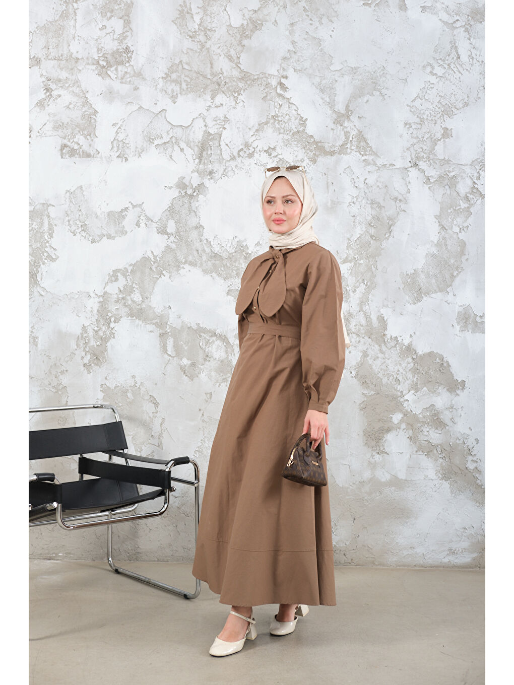 Bej Kadın Bel Bağlamalı Elbise Vizon-4
