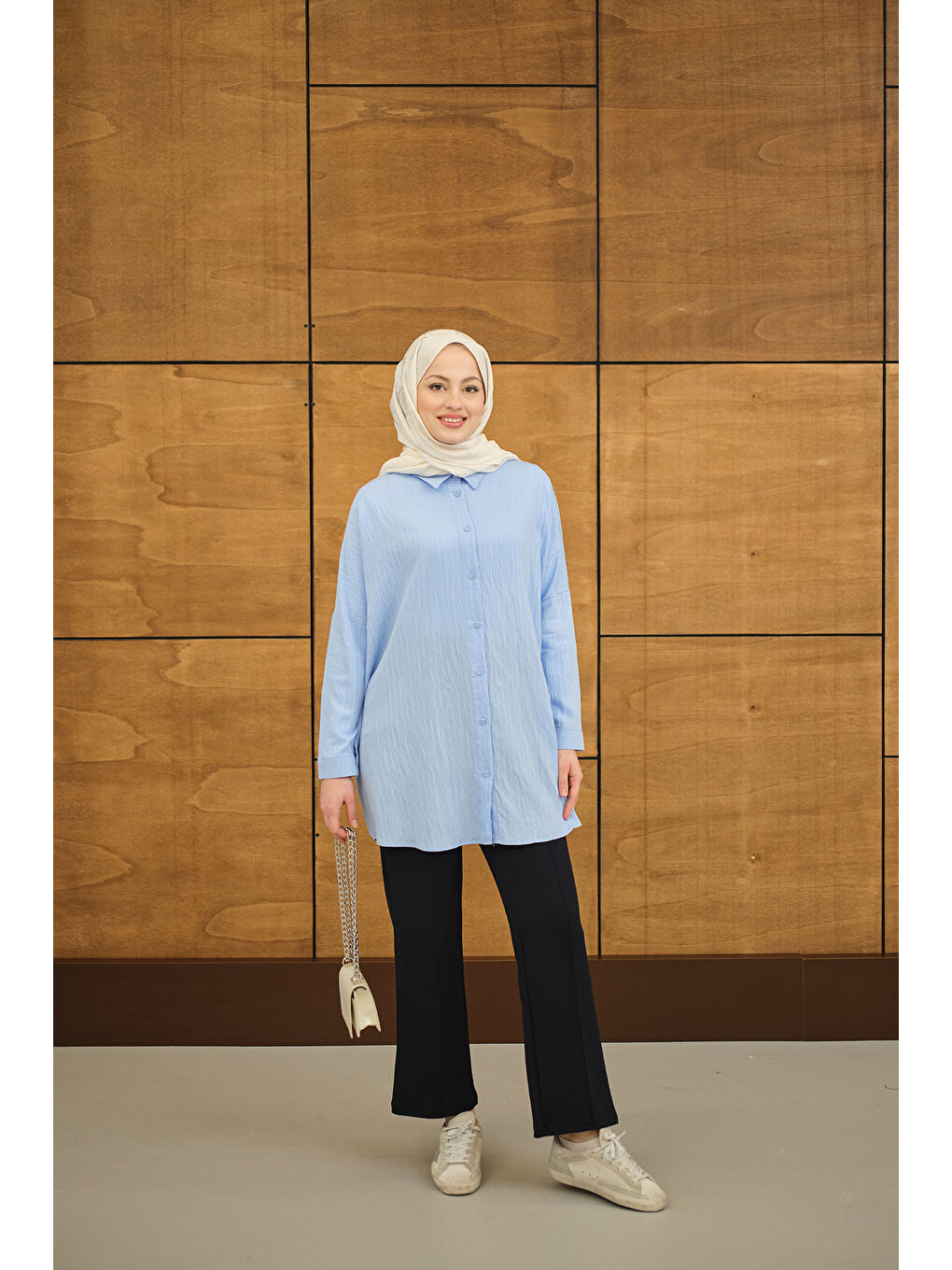 Kadın Kendinden Desenli Mila Gömlek Mavi-1