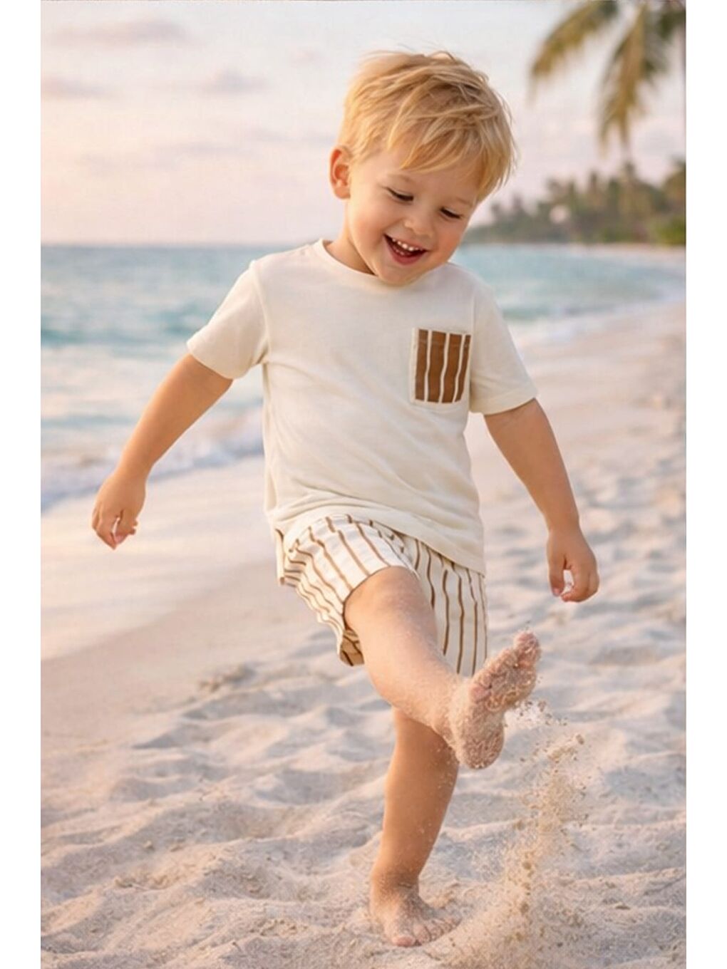 Ekru Erkek Çocuk Pamuklu Baskılı Cep Detaylı T-Shirt Ve Şort 2'Li Takım-2