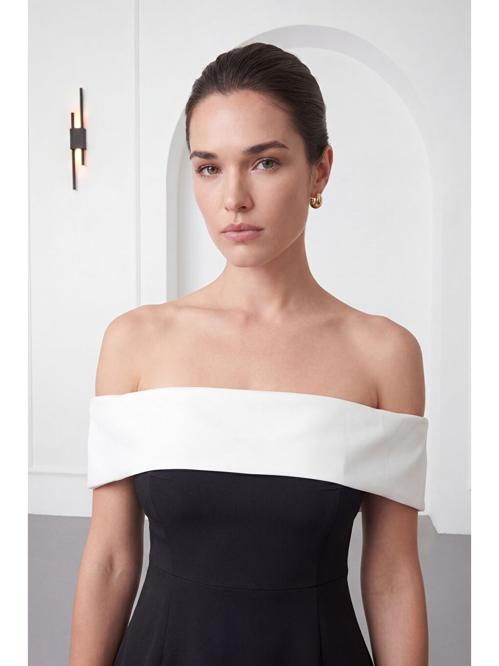 Kadın Siyah Kayık Yaka Mini Davet Elbisesi-3