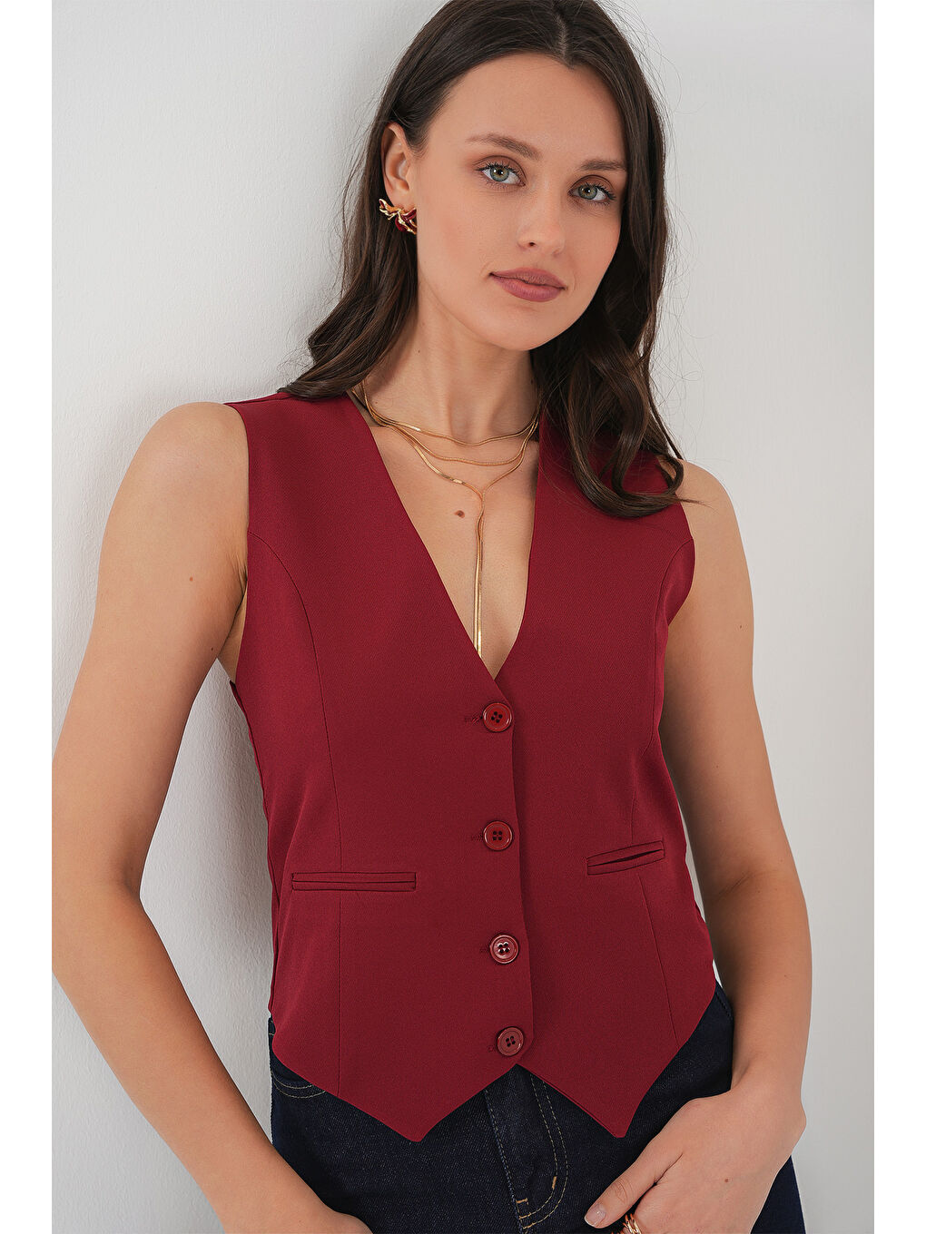 6796 Kısa Dokuma Yelek - Bordo